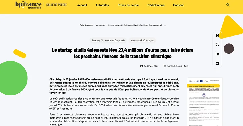 Bpifrance press release on the 4Elements startup studio fundraise
